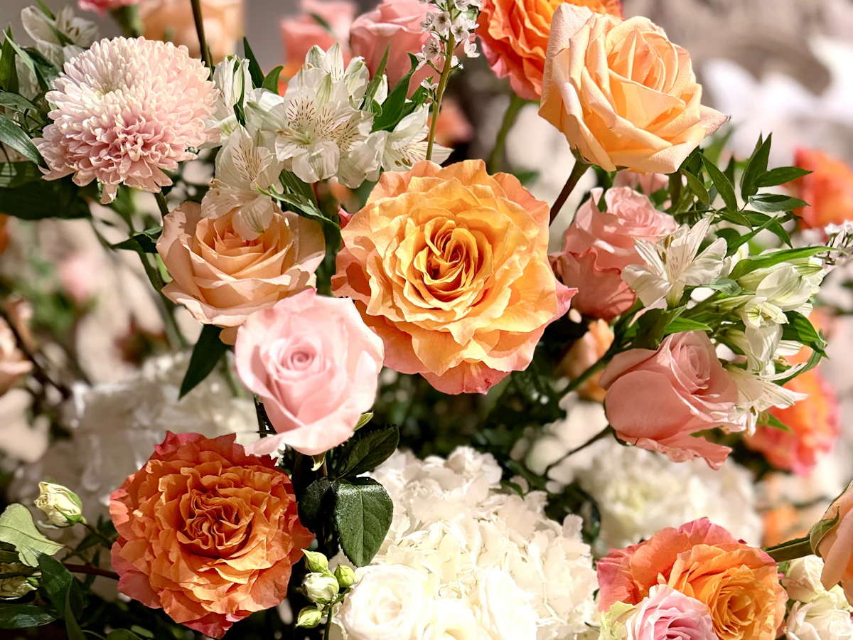 An arrangement of roses and hydrangeas